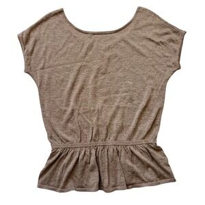 Express Women's Short Sleeve Shimmery Taupe Round Neck Elastic Waist Blouse Sz M